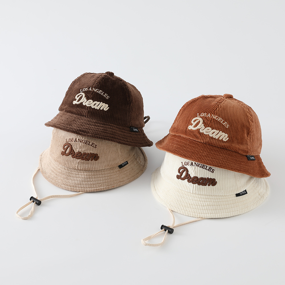 Bucket Hat Cotton - ベビー無地日焼け止め帽子 男の子用保温コーデュロイフィッシャーマンハット 女の子用日焼け防止レター刺繍バケットキャップ アウトドア用