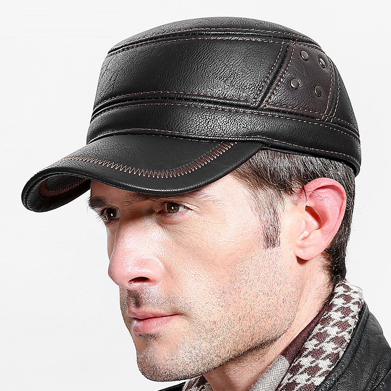 牛革本革野球帽男性暖かい耳介帽子牛革キャップ牛革フラットトッ - Baseball Cap Structured のレビューと価格