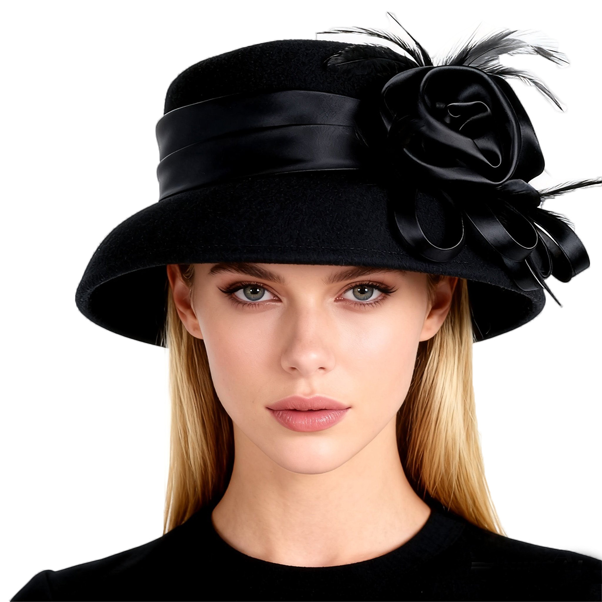 レディースブラックウールフェルトクロッシェハット、フラワーフ - Fedora Hat Wool のレビューと価格