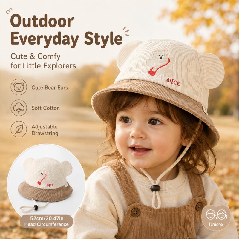 キッズベア耳付きバケットハット ソフトコットン カラーブロッ - Bucket Hat Cotton のレビューと価格