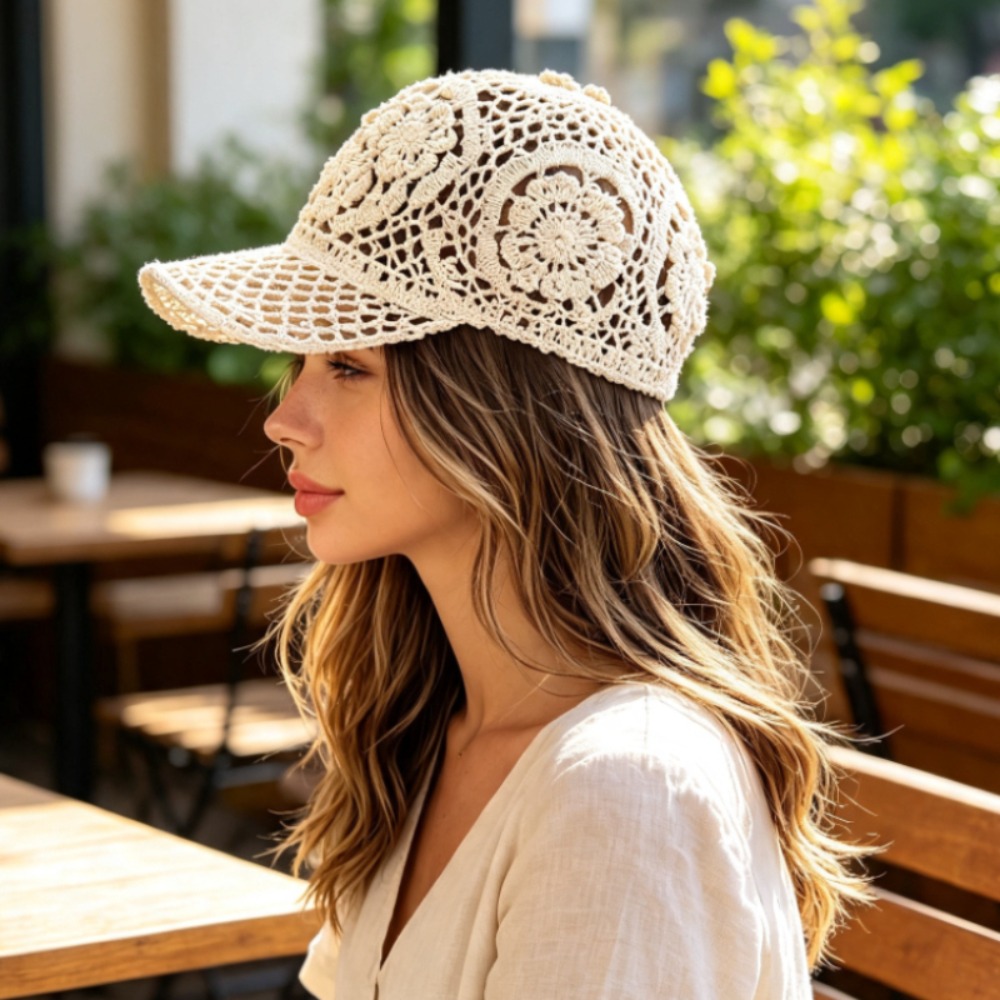 手編み中空野球帽 女性用 通気性メッシュサンハット 調節可能 - Baseball Cap Structured のレビューと価格